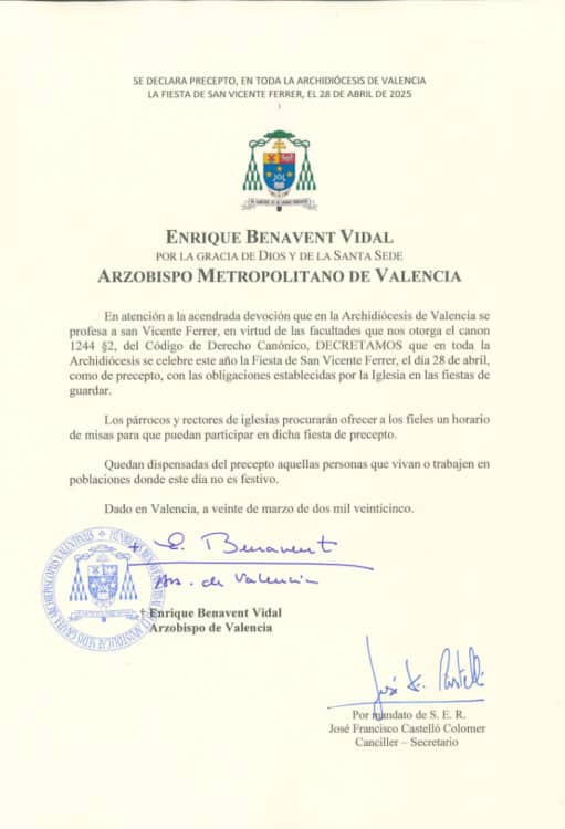 CATÓLICOS EN VALENCIA – Declarada de precepto la fiesta de san Vicente Ferrer