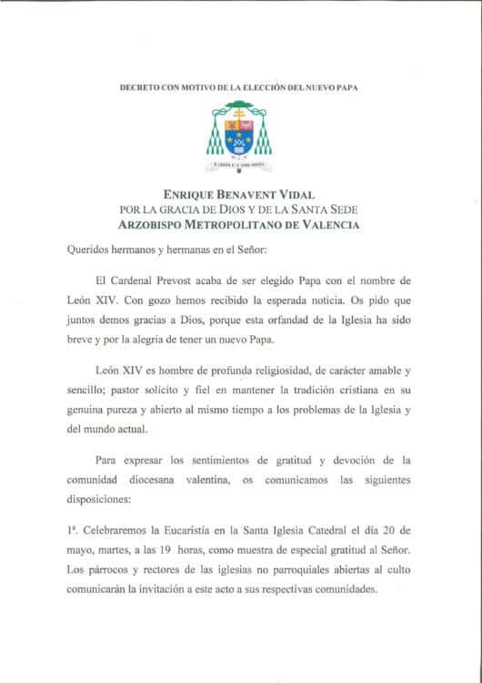 CATÓLICOS EN VALENCIA – El Arzobispo preside este martes, en la Catedral, una misa “como muestra de especial gratitud al Señor” por la elección del Papa León XIV