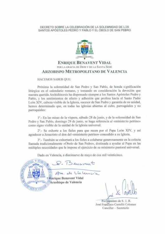 CATÓLICOS EN VALENCIA – DECRETO SOBRE LA SOLEMNIDAD DE LOS SANTOS APÓSTOLES PEDRO Y PABLO Y EL ÓBOLO DE SAN PEDRO