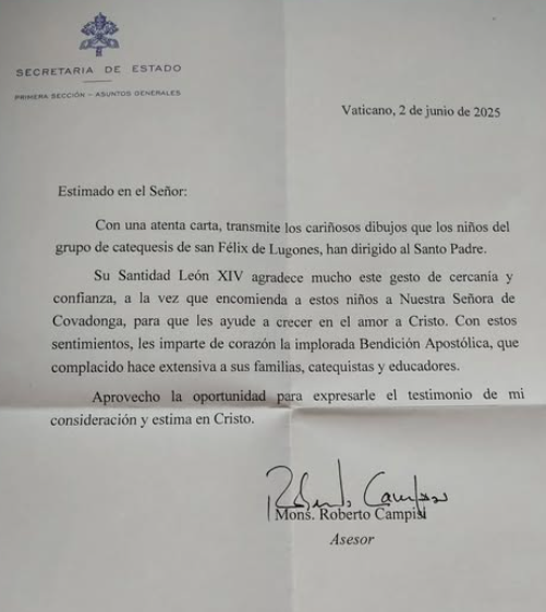 CATÓLICOS DE ASTURIAS – Los niños de catequesis de San Félix de Lugones reciben carta del Papa