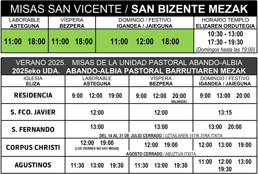 CATÓLICOS DE VIZCAYA – Horarios verano 2025