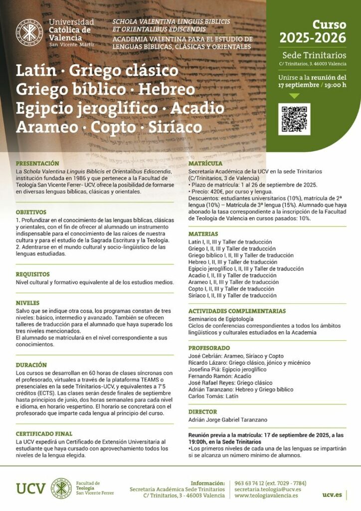 CATÓLICOS EN VALENCIA – Academia de Lenguas Bíblicas: 40 años como instrumento para el conocimiento de las raíces culturales europeas
