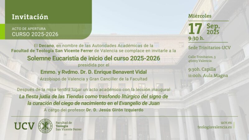 CATÓLICOS EN VALENCIA – Mons. Enrique Benavent presidirá la apertura del curso de la Facultad de Teología el 17 de septiembre