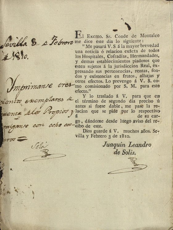 CATÓLICOS EN SEVILLA – Relaciones de bienes de Hospitales, Conventos y Hermandades de Sevilla, mandados redactar el 3 de febrero de 1810