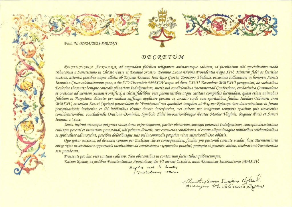 CATÓLICOS EN ÁVILA – La Santa Sede concede la indulgencia plenaria para el Año Jubilar Sanjuanista