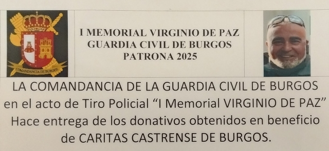 ARZOBISPADO CASTRENSE – LA GUARDIA CIVIL DE BURGOS ENTREGA A CÁRITAS CASTRENSE LA RECAUDACIÓN DEL “I MEMORIAL VIRGINIO DE PAZ”