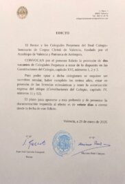 CATÓLICOS EN VALENCIA – El Real Colegio-Seminario de Corpus Christi convoca dos vacantes para la provisión de dos Colegiales Perpetuos