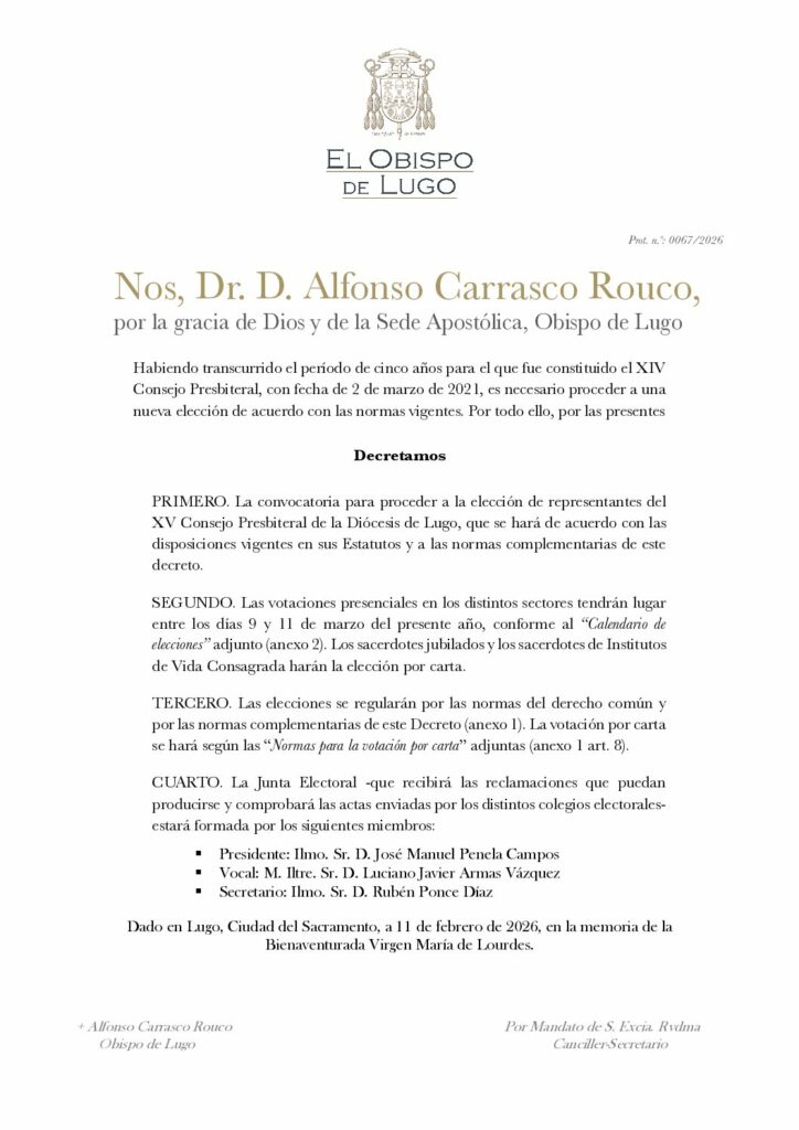 CATÓLICOS DE LUGO – Decreto de convocatoria de eleccións para o XV Consello Presbiteral da Diocese