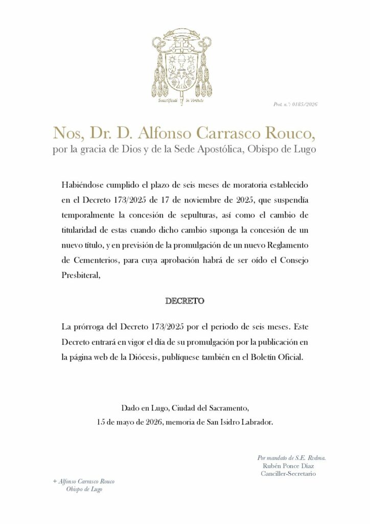 CATÓLICOS DE LUGO – Decreto de prórroga de suspensión temporal de concesión de títulos de sepultura