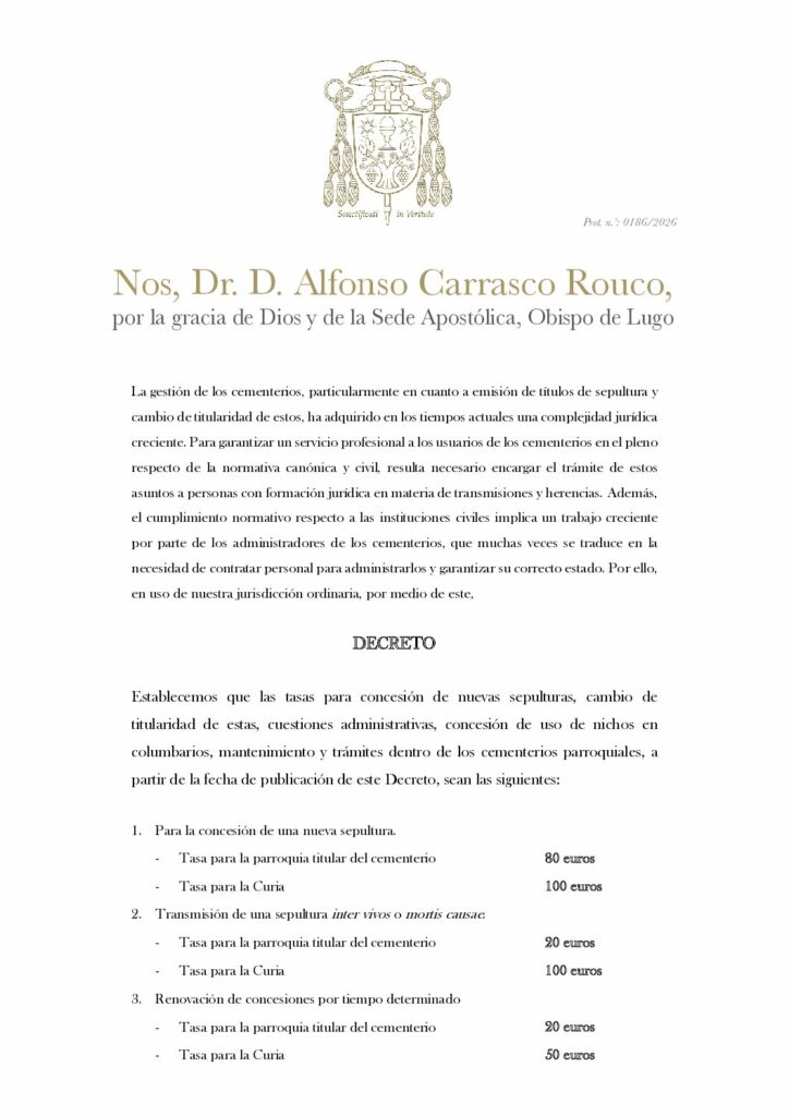CATÓLICOS DE LUGO – Decreto das novas taxas de cemiterios
