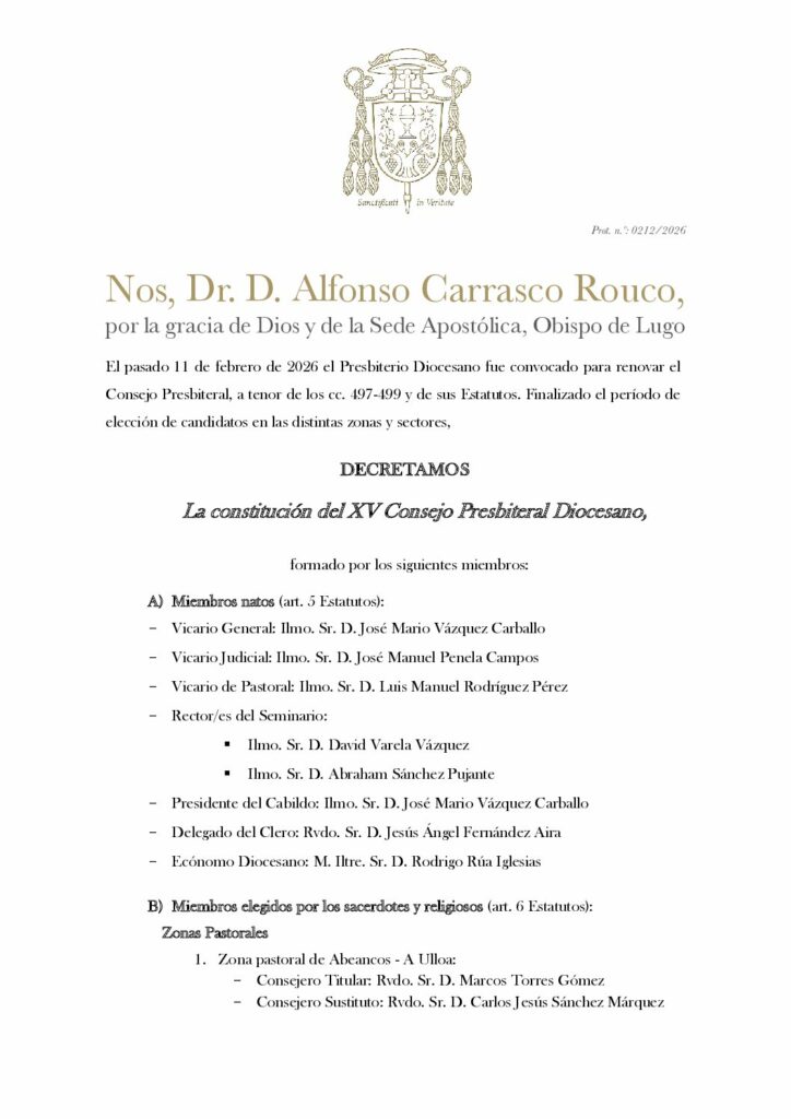CATÓLICOS DE LUGO – Decreto de constitución do XV Consello Presbiteral da Diocese