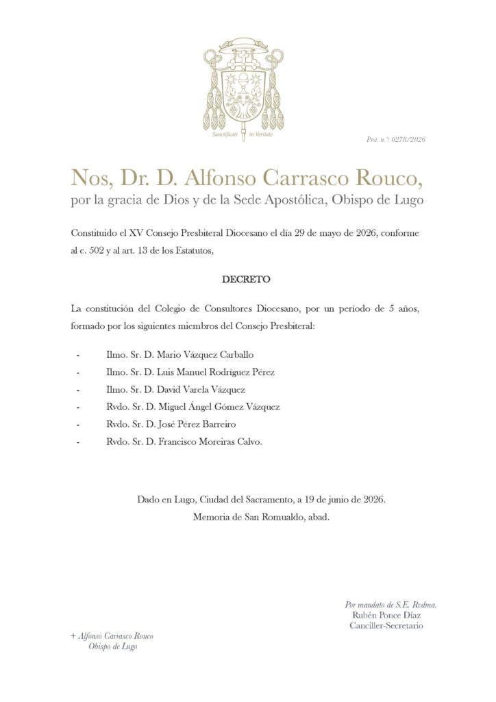 CATÓLICOS DE LUGO – Decreto de nomeamento de membros do Colexio de Consultores