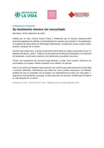 CATÓLICOS EN BARCELONA – Comunicat de les entitats organitzadores de la xerrada sobre l’avortament